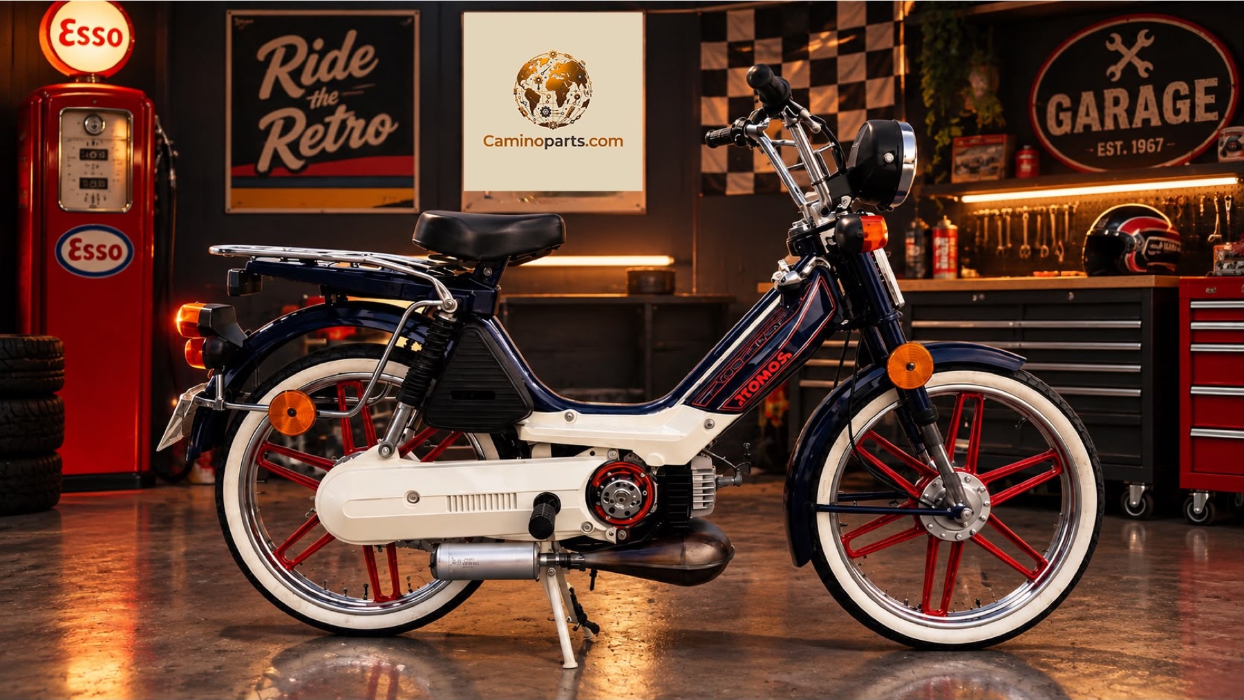 Klassieke blauw-witte Tomos-bromfiets in een retro garage